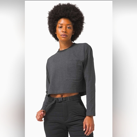 Lululemon Check the Box Long Sleeve Crop Shirt Pocket Tee Heathered Black - Picture 1 of 7